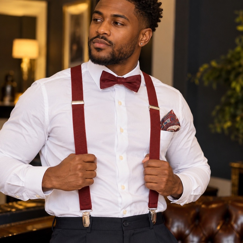 Burgundy Red Suspenders and Paisley Pocket Square Set Formal Mens Accessory